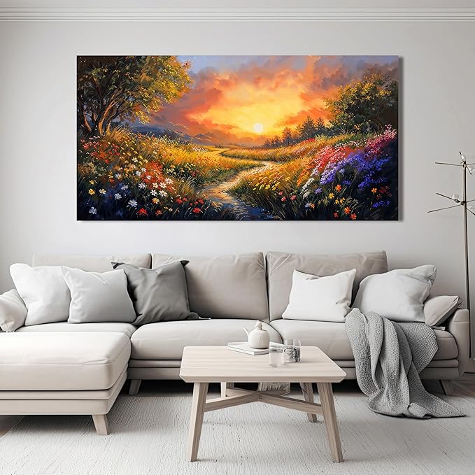 Canvas Wall Art Decor Wall Art Pictures for Living Room Large Vintage Landscape Wall Art Prints Canvas Art Wall Decor Wildflower River Artwork for Walls Bedroom Home Aesthetic Wall Art Decor 24" X 48"