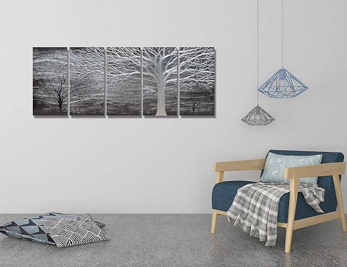 BATRENDY ARTS Extra Large 3D Silver Tree Metal Art Handmade Black Design Wall Decor Modern Home Accent Artwork for Living Room Decorations