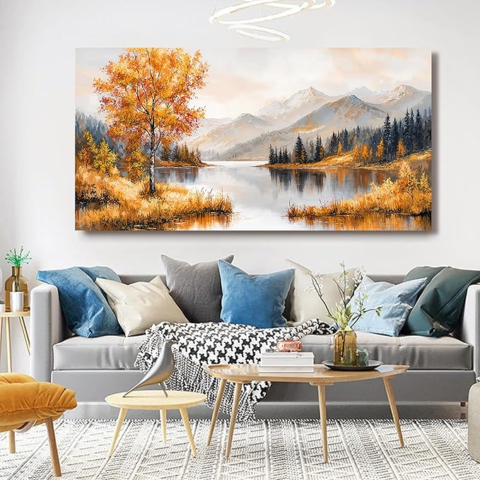 Large Wall Art Decor Art Work for Wall Decor Yellow Botanical Wall Art Prints Oversized Vintage Landscape Wall Art Decorations Lakeside Art Work for Walls Bedroom Ofiice Decor Aesthetic 29" X 58"