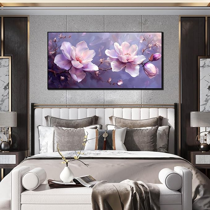 ANCXWOTER Modern Canvas Wall Art, 24x48, Purple Flower Botanical, Framed, Waterproof, Perfect for Living Room, Bedroom, Office, Bathroom