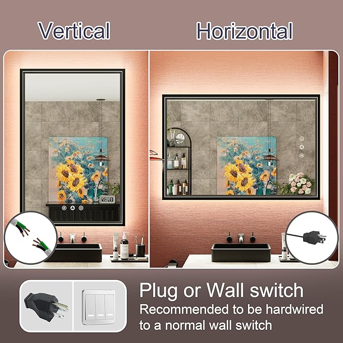 LED Bathroom Mirror with Front and Back Lighting, 3 Color Temp, Dimmable, Anti-Fog, Black Aluminum Frame Wall Mounted Lighted Bathroom Vanity Mirror
