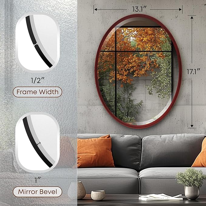 OVALCREST - Oval Wooden Beveled Wall Mirror for Home Decor, Bathroom, Vanity, Bedroom, Living Room, Hallway - London Style (Black Cherry) 17.1 x 13.1