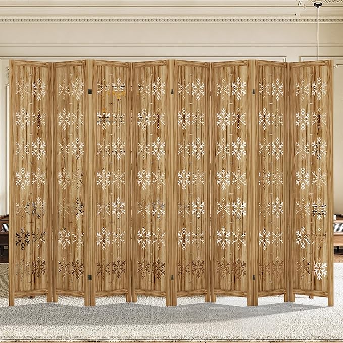 Casaphoria 8 Panels Room Divider, Folding Screen Room Divider with Snowflake Pattern for Home Office, Restaurant and Bedroom, Paulownia Wood, 127" W x 67" H (Natural)