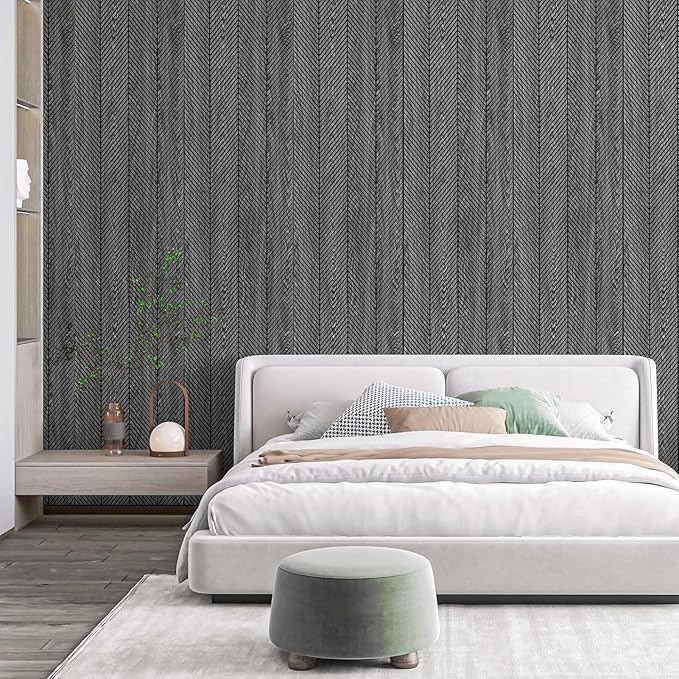 Art3d 4-Pack Glue-On Herringbone Wainscoting Panel for Interior Wall Decor - 104 x 12 Inch Polystyrene Ultralight Slim Slat Wall Panels for Living Room Bedroom, Weathered Teak