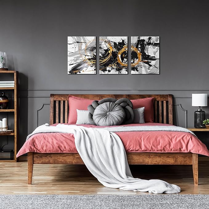 CIRABKY Black, White and Gold Abstract Painting - 3 Piece Canvas Wall Art for Living Room and Office - Size 12" x 16"