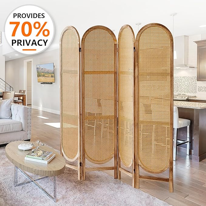 4 Panel Room Divider, Double Hinged Foldable Wooden Room Divider, Individual Privacy Screen Made of Hand-Woven Rattan, Portable Wall Divider for Home Office Bedroom Bathroom (Natural)