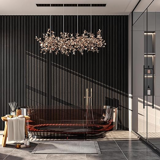 94" L x 24" W Acoustic Wood Wall Paneling, Decorative Sound Proof Panels for Walls and Ceilings, 3D Slat Wood Wall Panels (Set of 10) (Jet Black.)