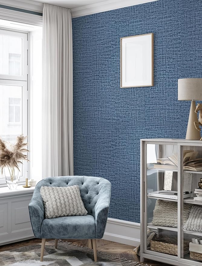 Blue Wallpaper Grasscloth Peel and Stick Wallpaper 17.7inch x 393.7inch Textured Wall Paper Stick and Peel Blue Contact Paper Grasscloth Faux Linen Removable Navy Waterproof Self Adhesive Vinyl