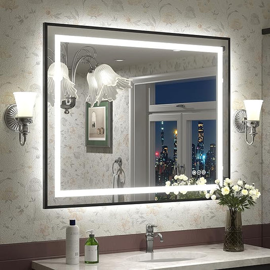 40x32 LED Bathroom Mirror with Black Frame, Dimmable Vanity Mirror with Lights for Wall, Backlit and Front Lighted, Memory, Anti-Fog, ETL Listed(Horizontal/Vertical)