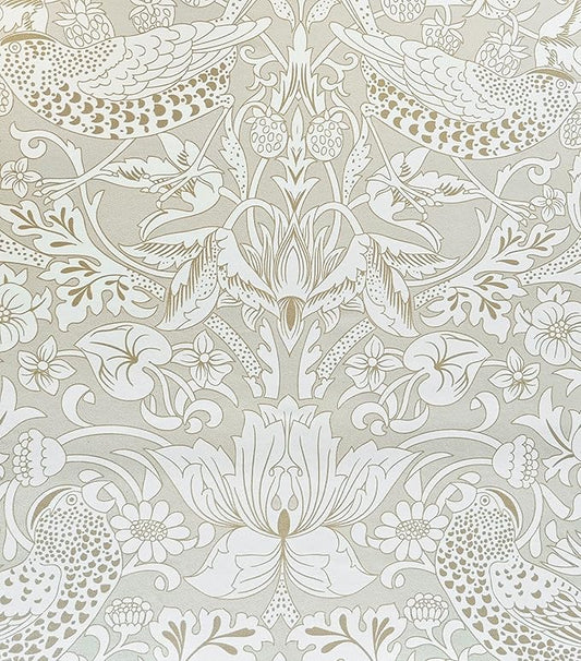 17.7x118in William Morris Wallpaper Peel and Stick Vintage Floral Wallpaper Neutral Strawberry Bird Self Adhesive Contact Paper Waterproof for Bedroom Bathroom Cabinets Drawers Decor
