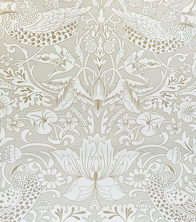 17.7x394in Vintage Floral Wallpaper Peel and Stick William Morris Wallpaper Neutral Strawberry Bird Botanical Self Adhesive Removable Waterproof Contact Paper for Living Room Bedroom Bathroom