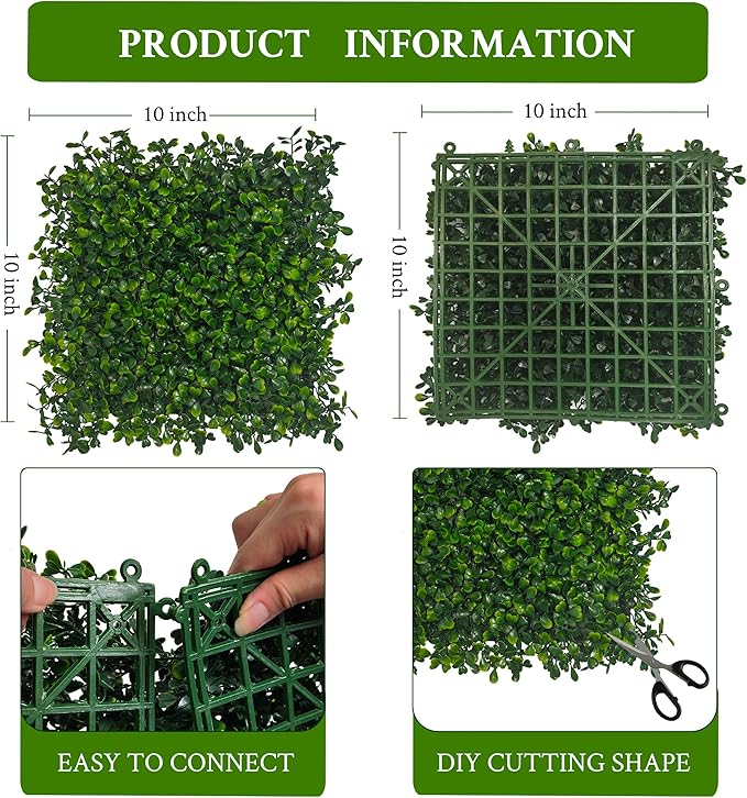 Artificial Grass Wall Panel,10"x 10"(12P) 4-Layer Leaf UV-Anti Greenery Faux Boxwood for Indoor,Outdoor Patio Balcony Privacy & Ivy Fence Covering Privacy, Garden, Backyard Wall Backdrop Decor