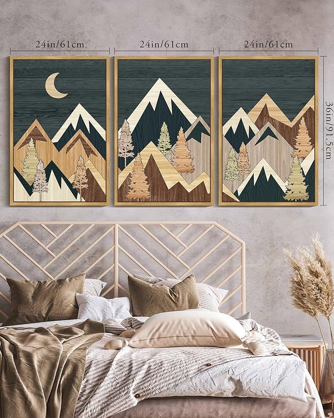 KUVIOKE Morden Mountains Framed Wall Art Boho Pine Tree Forest Nature Landscape Artwork Bohemain Farmhouse Rustic Home Decor 24x36in (Natural Framed)