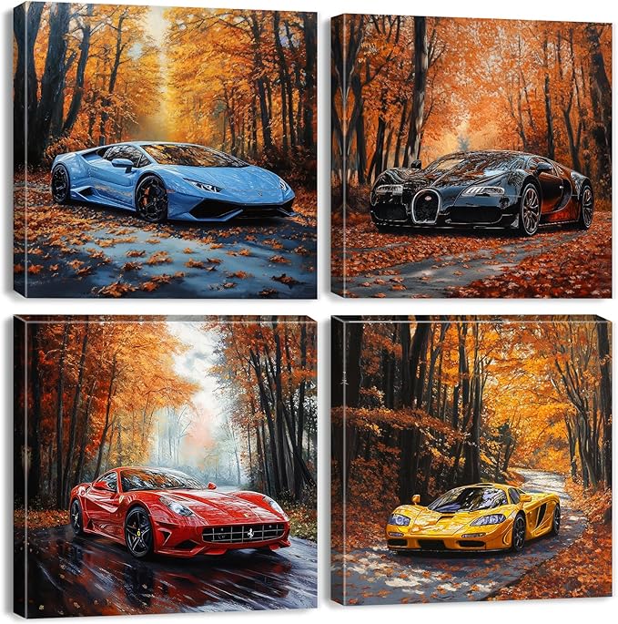 Lamborghini Wall Art Cool Car Posters for Boys Room Decor Rustic Fall Nature Forest Pictures with Sports Vehicle Painting Canvas Print Artwork Living Room Bedroom Office Dorm Home Decoration 12x12" 4P