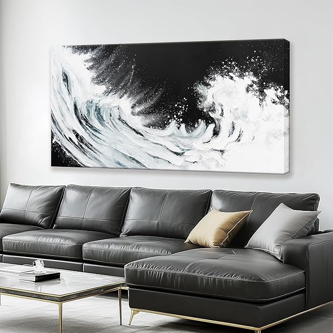 Black Abstract Wall Art Living Room Abstract Painting Wall Decor Modern 24"X 48" Canvas Art Wall Decor Black White Ocean Waves Wall Art Canvas Prints Artwork Pictures For Bedroom Kitchen Artwork