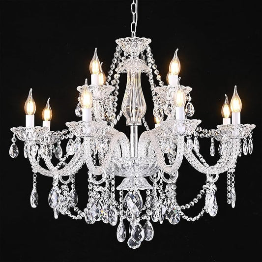12-Light Contemporary Crystal Chandelier for Living Room, Double Layer Ceiling Light Fixture with Clear Crystals for Dining Room Hallway Staircase, E12 Base (Clear 12)