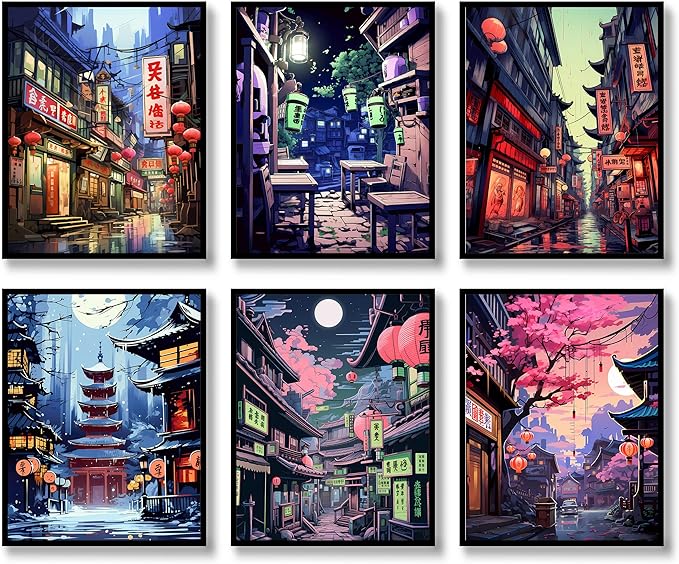 Luodroduo Japanese Wall Art Set of 6 Japan Rural Architecture Abstract Scenery Illustration Wall Decor Countryside Streets Canvas Art Poster for Living Room Bedroom Wall Art (A, 11"x14" UNFRAMED)