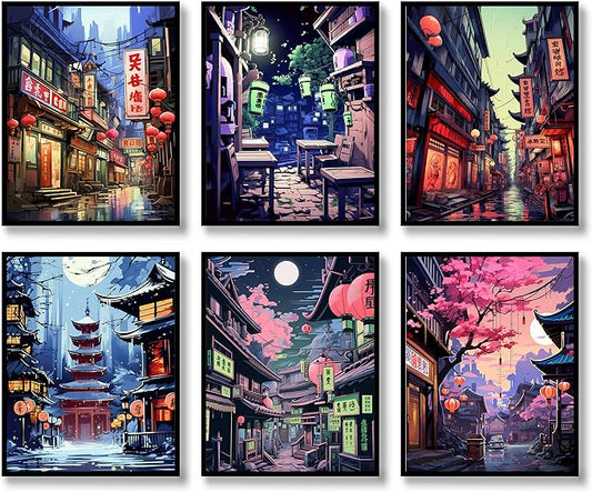 Luodroduo Japanese Wall Art Set of 6 Japan Rural Architecture Abstract Scenery Illustration Wall Decor Countryside Streets Canvas Art Poster for Living Room Bedroom Wall Art (A, 11"x14" UNFRAMED)