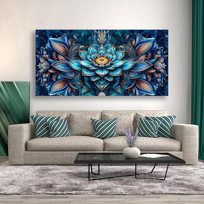 Blue Abstract Wall Art Bedroom Wall Decor Living Room,Lotus Flower Pattern of Design Canvas Wall Art Office Farmhouse Paintings Artwork Modern Golden Teal Boho Wall Art Prints Pictures 20 * 40inch