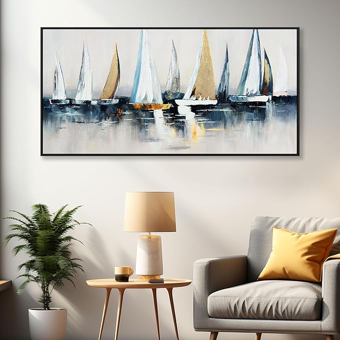 Abstract Wall Art Blue and White Sailboat Wall Paintings Framed Artwork for Living Room Bedroom Bathroom Office Home Decor Can Be Hung Directly 24"x 48"