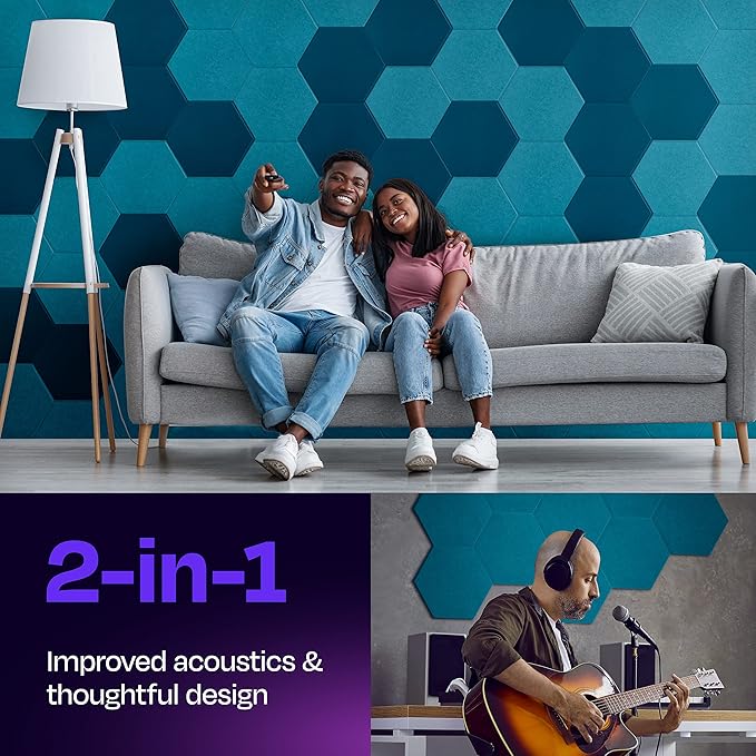 Acoustic Panels 12-Pack Soundproof Wall Panels 12"X10.4"X0.4" Sound Panels High Density Sound Dampening Panels - [Light Turquoise Hexagon]