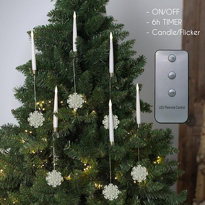 Christmas Tree Candles, 10 Pack Flameless Taper Candles for Christmas Tree, LED Battery Operated Fake Candle with Remote for Xmas Wedding Decor with Crystal Snowflake Hook