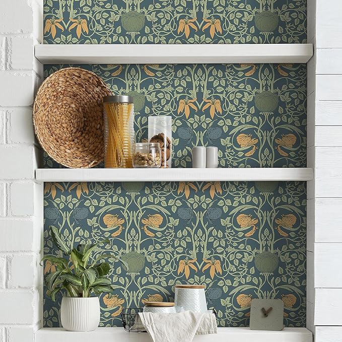 Livelynine Vintage Floral Wallpaper Peel and Stick William Morris Golden Lily Green Blue Victorian Antique Wall Paper Prepasted Dark Floral Contact Paper for Cabinets Waterproof Leaf Flower 17.5x78.8
