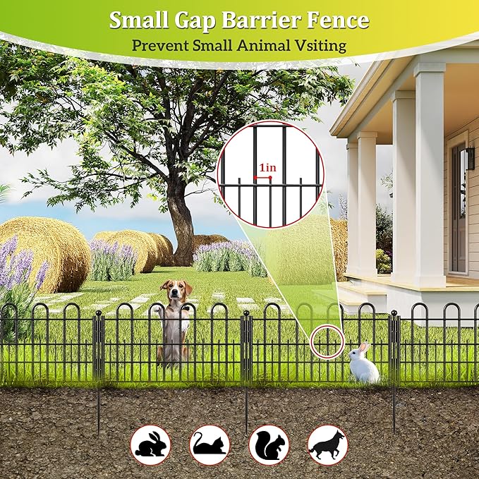 Bepatio Decorative Garden Fence Animal Barrier with Gate, 11.8in (H) x 16ft (L) 10 Panels Dog Fence Outdoor for Yard, Heavy Duty Metal Fence Border, Flower Bed, Easy Setup, Black