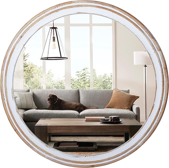 32 Inches Farmhouse Decorative Round Mirrors for Wall Decor, Rustic Distressed Wooden Circle Mirror for Bathroom Over Sink, Entryway, Living Room, Vanity
