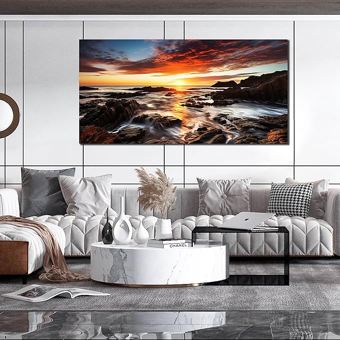 Large Natural Landscape Canvas Wall Art for Living Room, View of Ocean Sunset Panorama Wall-Decor Picture, Coastal Rock Shoreline Sky Canvas Art Piece Print Artwork for Office Bedroom 59x29 Inches