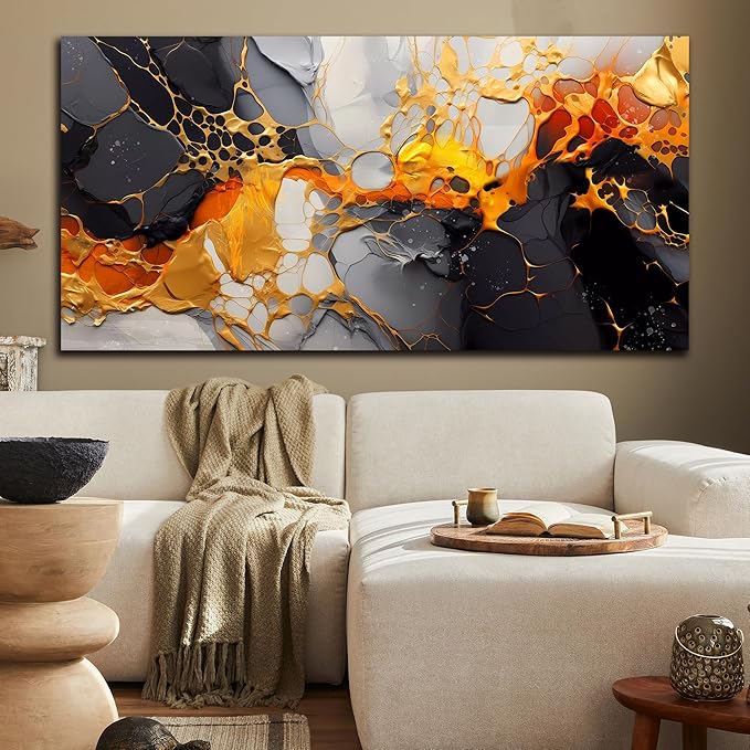 Canvas Wall-Art Black and White - Large Abstract Wall Art for Living Room - Yellow Wall Decor Bedroom Office Pictures Size 29" x 59"