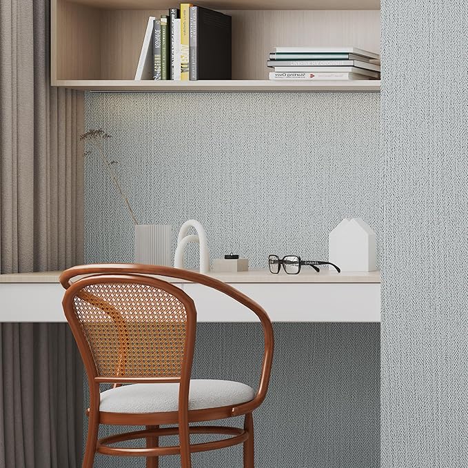 24"x393" Grasscloth Peel and Stick Wallpaper Fabric Textured Contact Paper for Cabinets, Faux Linen Vintage Matte Frosted Waterproof Flax Wallpaper for Bedroom Bathroom Kitchen (Blue-Gray)