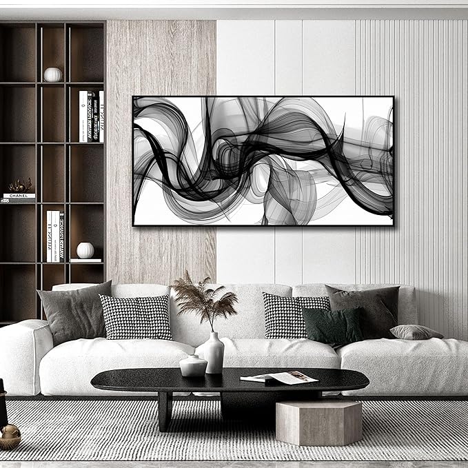 Abstract Wall Art for Living Room, Black and White Canvas Wall Decor for Bedroom, Smoke Picture Print, Large Size 59 x 29 Inches Framed