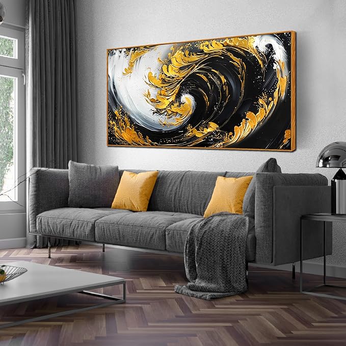 Abstract Canvas Art - Black and Gold Framed Wall Art for Living Room - Ocean Pictures Wall Art Canvas Size 29" x 59"