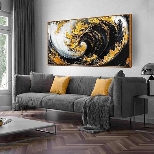 Abstract Canvas Art - Black and Gold Framed Wall Art for Living Room - Ocean Pictures Wall Art Canvas Size 29" x 59"