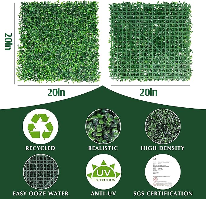 Ogrmar 12 PCS 20"x 20" Artificial Boxwood Panels Topiary Hedge Plant, Privacy Hedge Screen Sun Protected Suitable for Outdoor, Indoor, Garden, Fence, Backyard and Decor (12, 20"x 20")