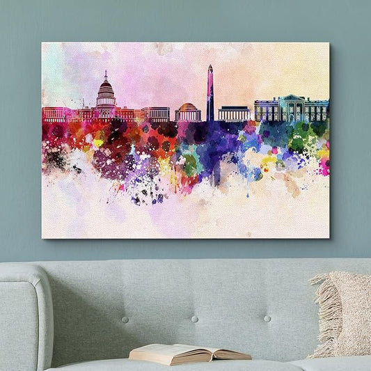 wall26 Canvas Prints Wall Art Washington Dc Skyline in Watercolor Background Modern Wall Decor/Home Decoration Stretched Gallery Canvas Wrap Giclee Print. Ready to Hang - 24" x 36'