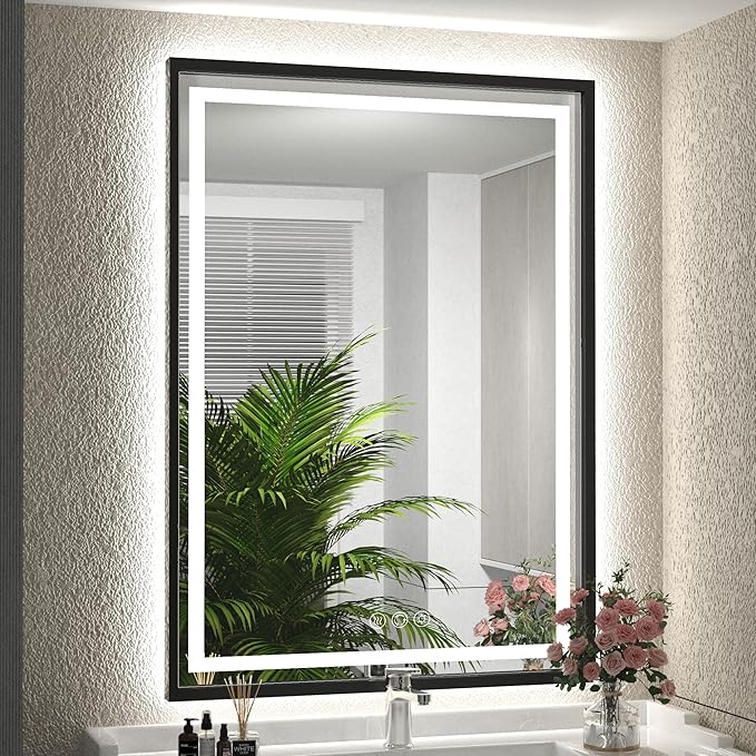 24x32 Inch LED Bathroom Mirror with Lights, Frontlit & Backlit Black Metal Frame Mirror, Wall Mounted Lighted Vanity Mirrors, Double Lights Strips,Anti Fog Dimmable & 3 Colors Temperature