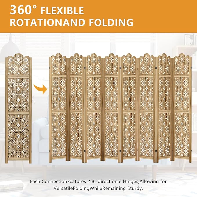 Casaphoria 8 Panels Room Divider, Folding Screen Room Divider with Copper Coin Pattern for Home Office, Restaurant and Bedroom, Paulownia Wood, 127" W x 67" H (Natural)