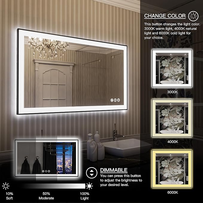 LED Bathroom Mirror 40x24 with Backlit and Front Lighted, Framed Dimmable Illuminated Mirror for Wall Anti-Fog Shatterproof (Horizontal/Vertical)