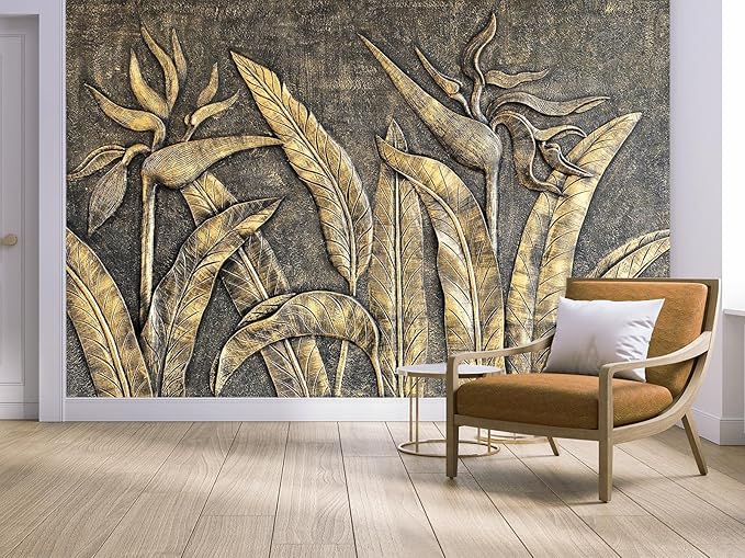 Cliouar-Golden Bird of Paradise Sculpture 3D Three-Dimensional Wallpaper Mural 103" x 69"(Not Self-Adhesive)