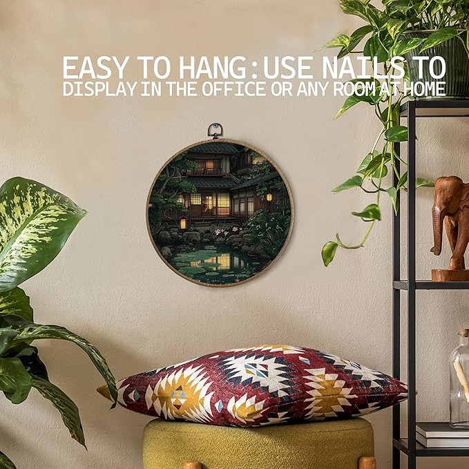 KTYHD Japanese Japandi Wall Art Decor, Traditional Japanese Garden Round Canvas Wall Art, Oriental Landscape Aesthetic Pond Scenery Walls Decor for Living Room Bedroom, Japandi Home Decor