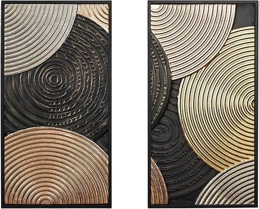 LuxenHome Set of 2 Wall Art, Modern Earth Tone Circles Abstract Rectangular Metal Wall Decor Set Luxury Handmade Wall Art Dector with Frame for Living Room, Home, Office Decorative