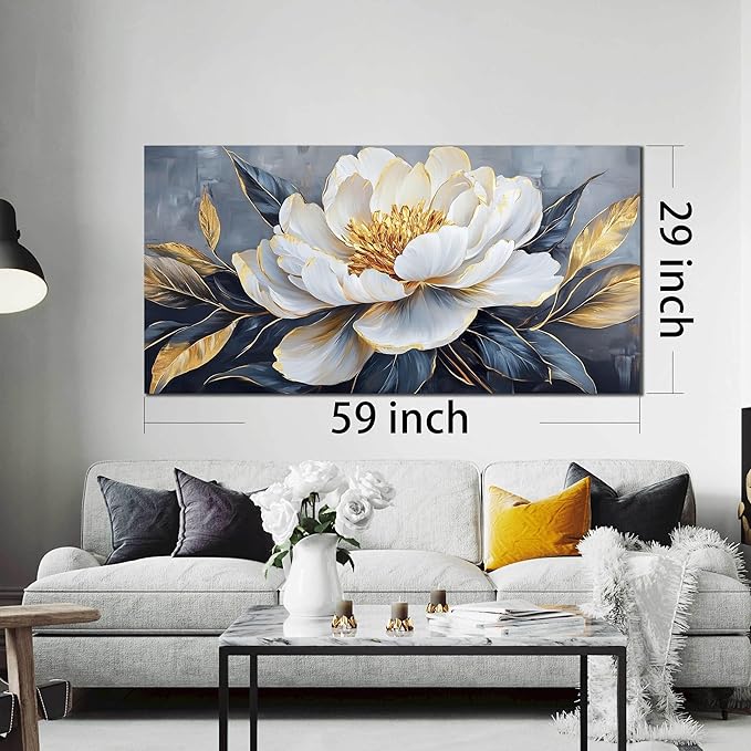 AOZEMI Floral Wall Decorations White Pictures Flowers Wall Art Modern Canvas Plant Gold Wall Decor for Living Room Bedroom Big Artwork 29"x 59"
