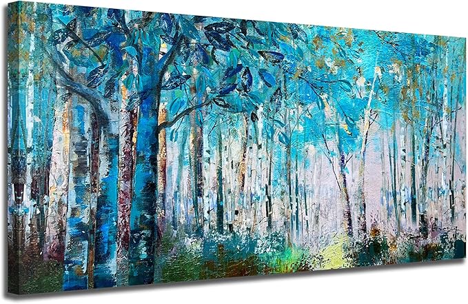 Ardemy Blue Tree Wall Art for Living Room Extra Large Canvas Wall Decor Forest Landscape Picture Bedroom Nature Teal Abstract Painting Artwork Textured Art for Home Office, 58"x29"