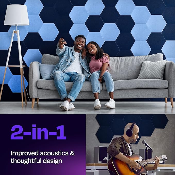 Acoustic Panels 12-Pack Soundproof Wall 12"X10.4"X0.4" - High Density Sound Dampening [Denim Blue Hexagon]