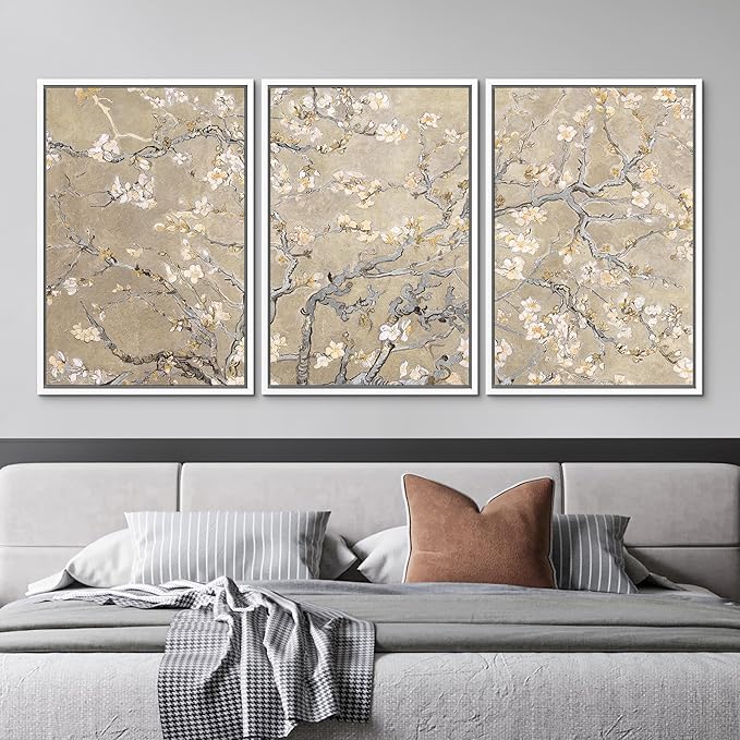 MUDECOR Framed Canvas Print Wall Art Blossoming Branches Vintage Floral Illustrations Realism Decorative for Living Room, Bedroom, Office - 16"x24"x3 White