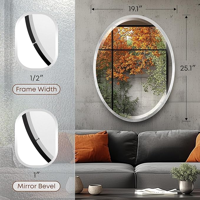 OVALCREST - Oval Wooden Beveled Wall Mirror for Home Decor, Bathroom, Vanity, Bedroom, Living Room, Hallway - London Style (Silver Leaf with Brown Antique) 25.1 x 19.1