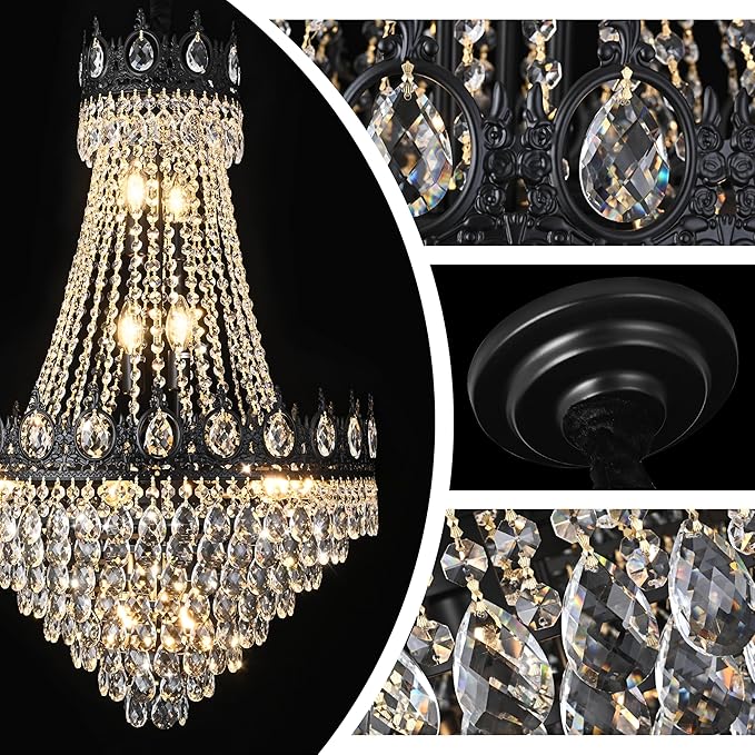 KoKo&Yukina Black 23.6" French Empire Crystal Chandelier - 14 Lights K9 Modern Farmhouse Adjustable Hanging Light for Living Room, Dining Room, Bedroom