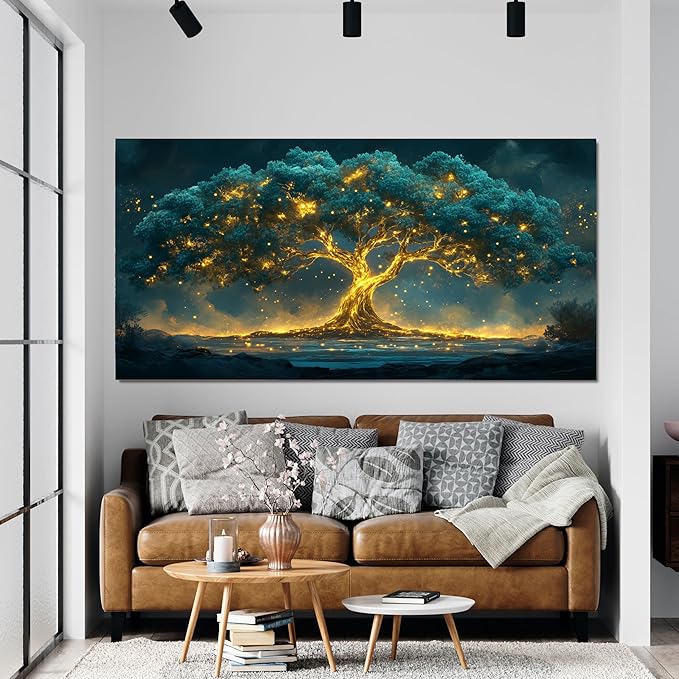 Canvas Wall Art Decor Canvas Art Wall Decor Green Wall Art Decor Large Tree of Life Wall Art for Living Room Oversized Wall Art Prints Gold Tree Wall Decor Art Artwork for Walls Home Office Decoration 35"X70"